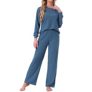 Ribbed Knit 2 Piece Long Sleeve Top and Pants Pajamas Sets Dark Blue